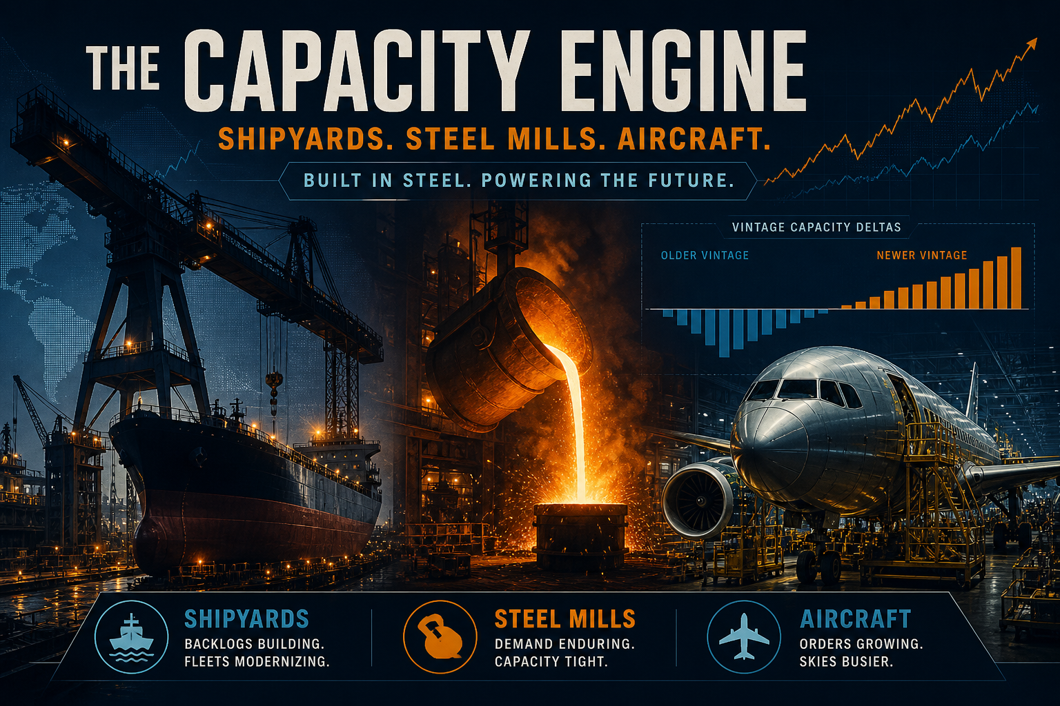 Dark navy cinematic shipyard crane, molten steel pour, and jet fuselage with teal vintage-delta sparklines — heavy industrial capacity Q3 update