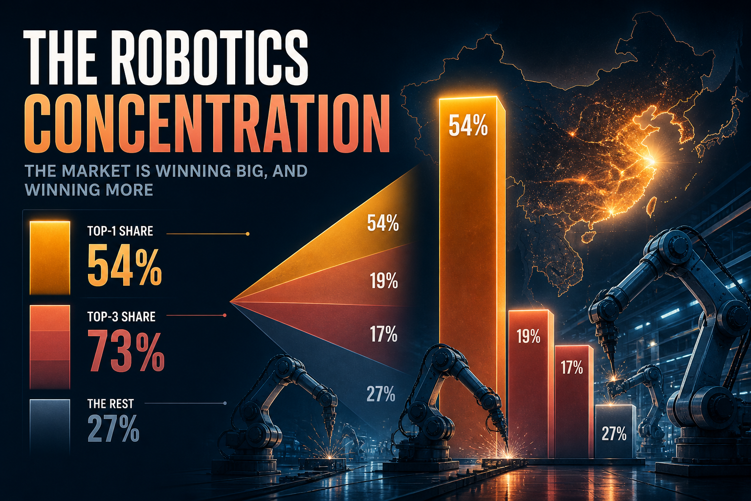 Dark navy cinematic factory robotics scene with amber-rose concentration bars towering beside articulated robot arms, Visual Capitalist–style data-viz hero
