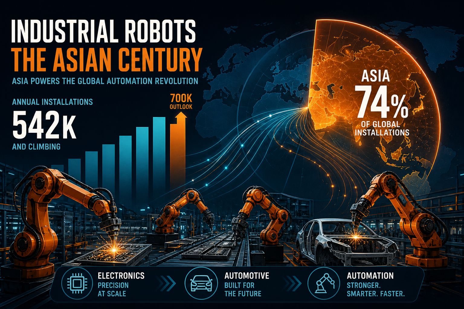 Dark navy cinematic visualization of factory robot arms and Asia-weighted installation bars for industrial automation scaling