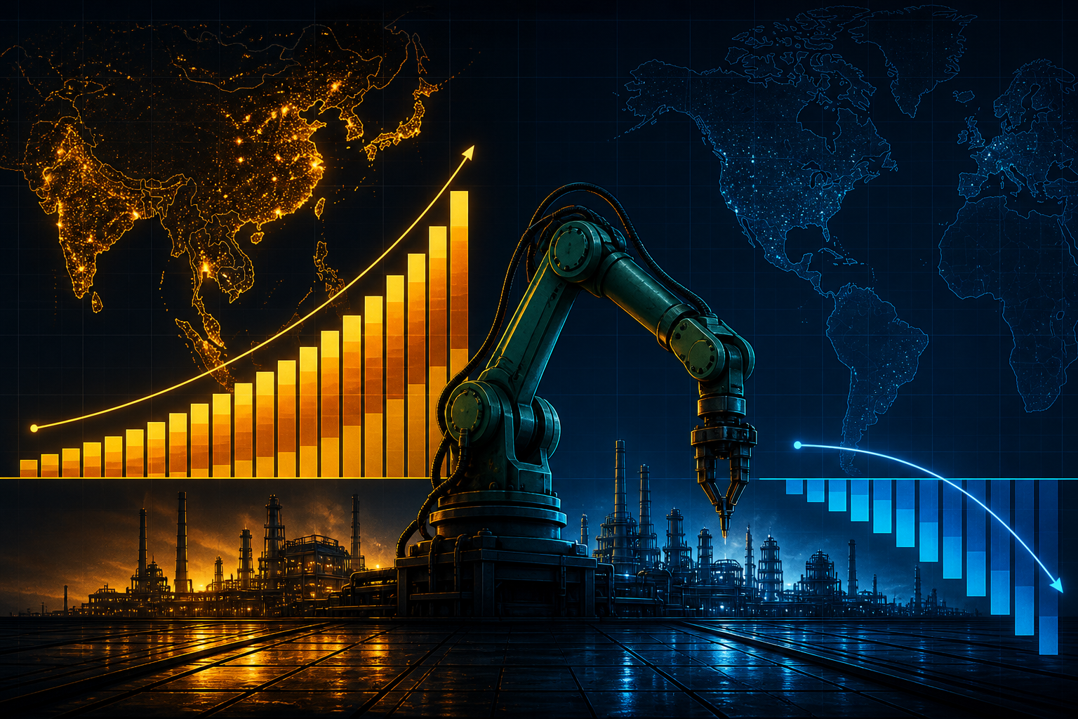 Dark navy cinematic data-viz of industrial robot arm with amber Asia growth bars rising and cool blue Western bars falling