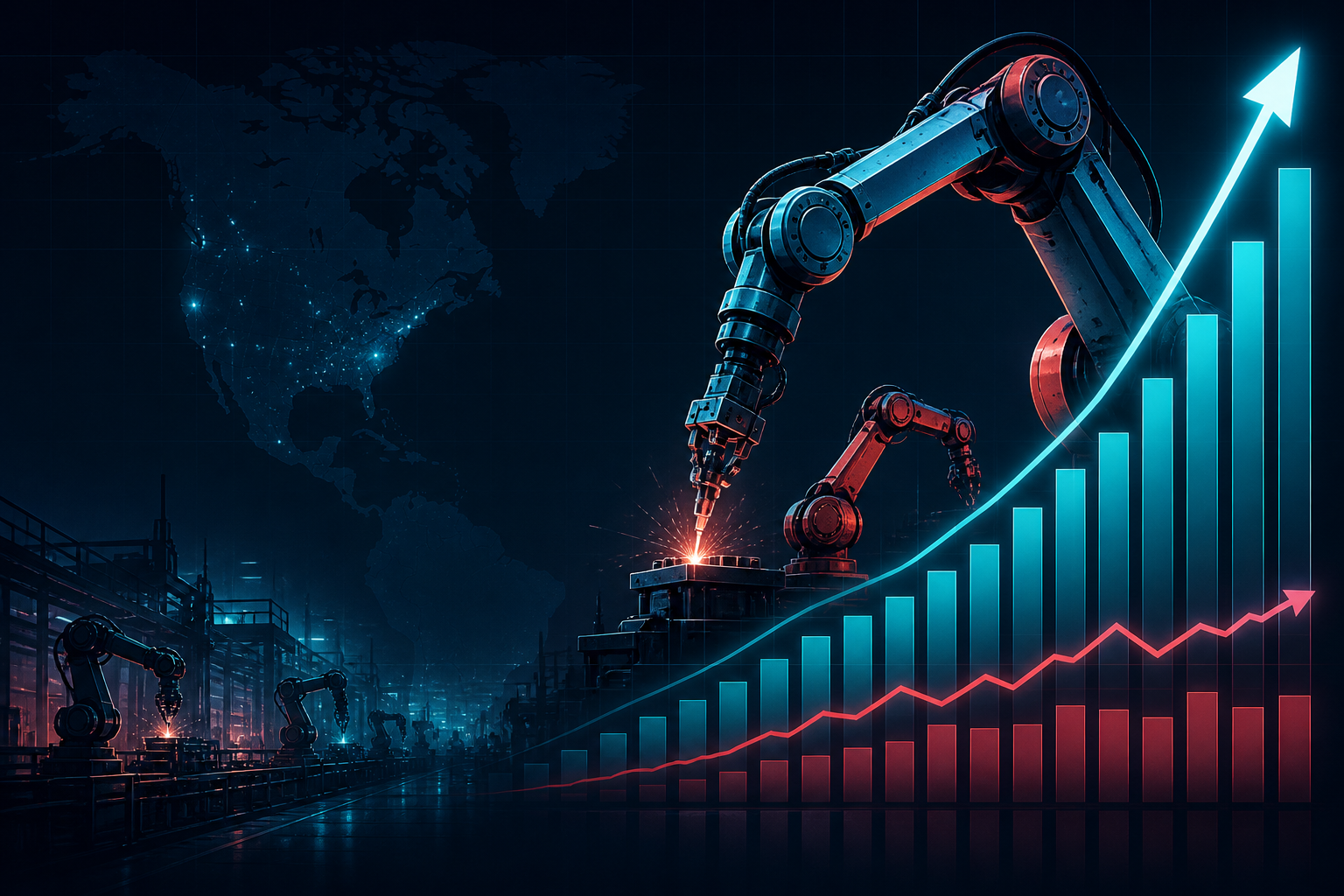 Dark navy cinematic North American factory robot arms with teal and crimson charts showing order value outrunning unit volume