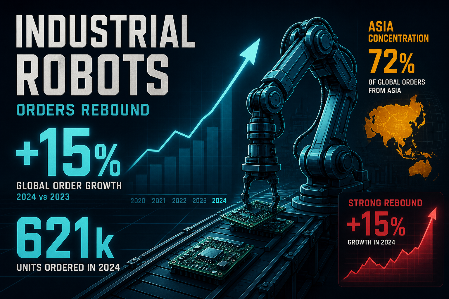 Dark navy cinematic factory robot arm with teal circuit traces and a bold crimson +15% / 621k installation rebound spike