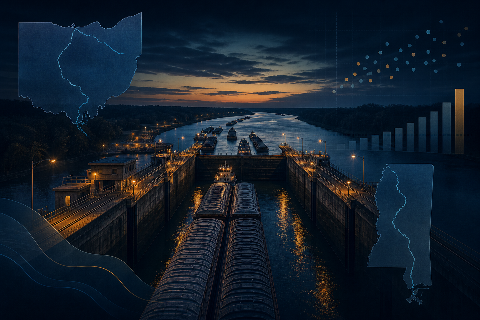 Dark navy cinematic inland lock chambers at dusk with amber barge lights on the river and subtle teal chart accents, Visual Capitalist-style editorial thumbnail