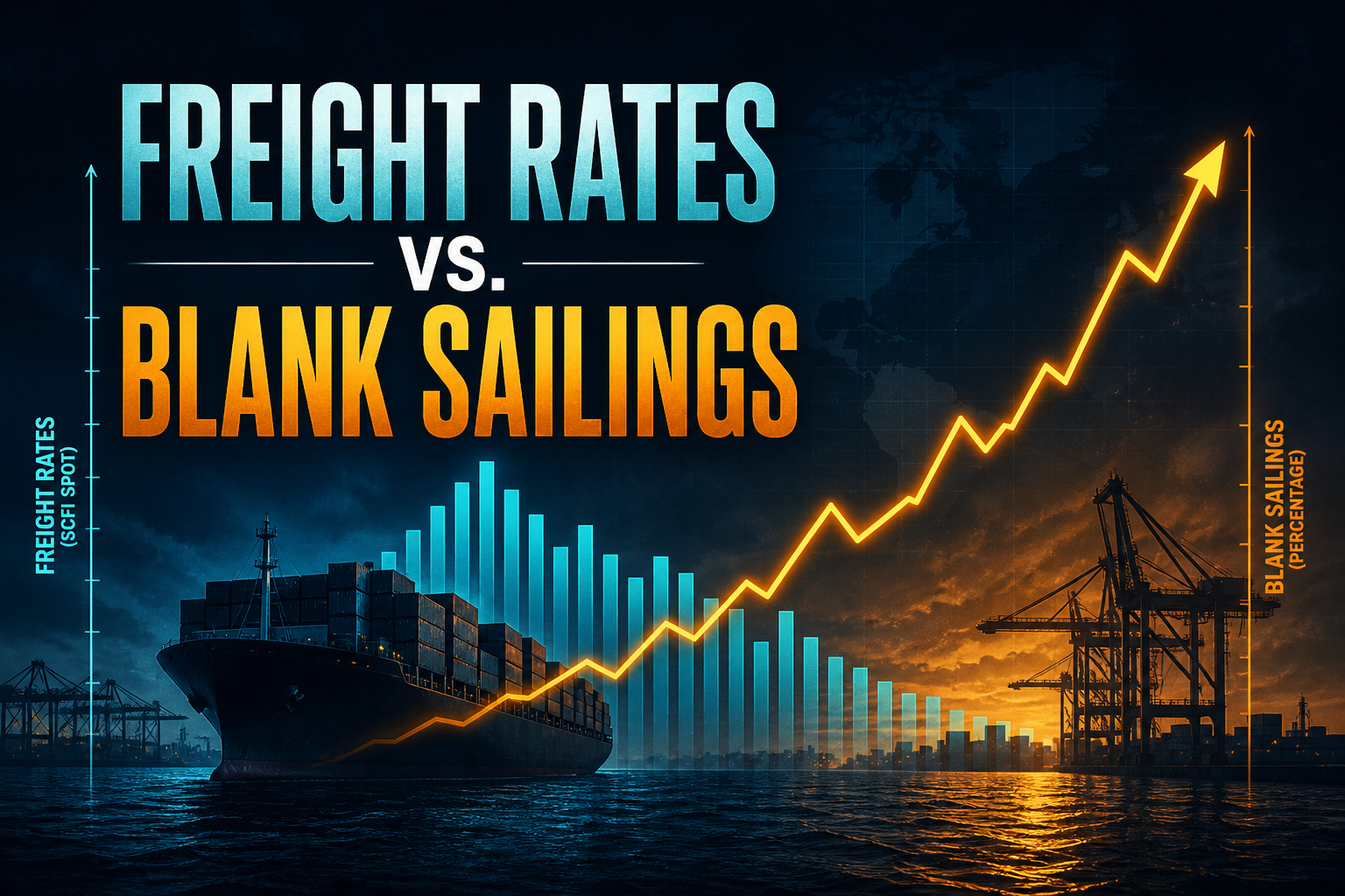 Dark navy cinematic maritime scene with amber blank-sailing line and cyan SCFI freight rate bars over a container-ship horizon