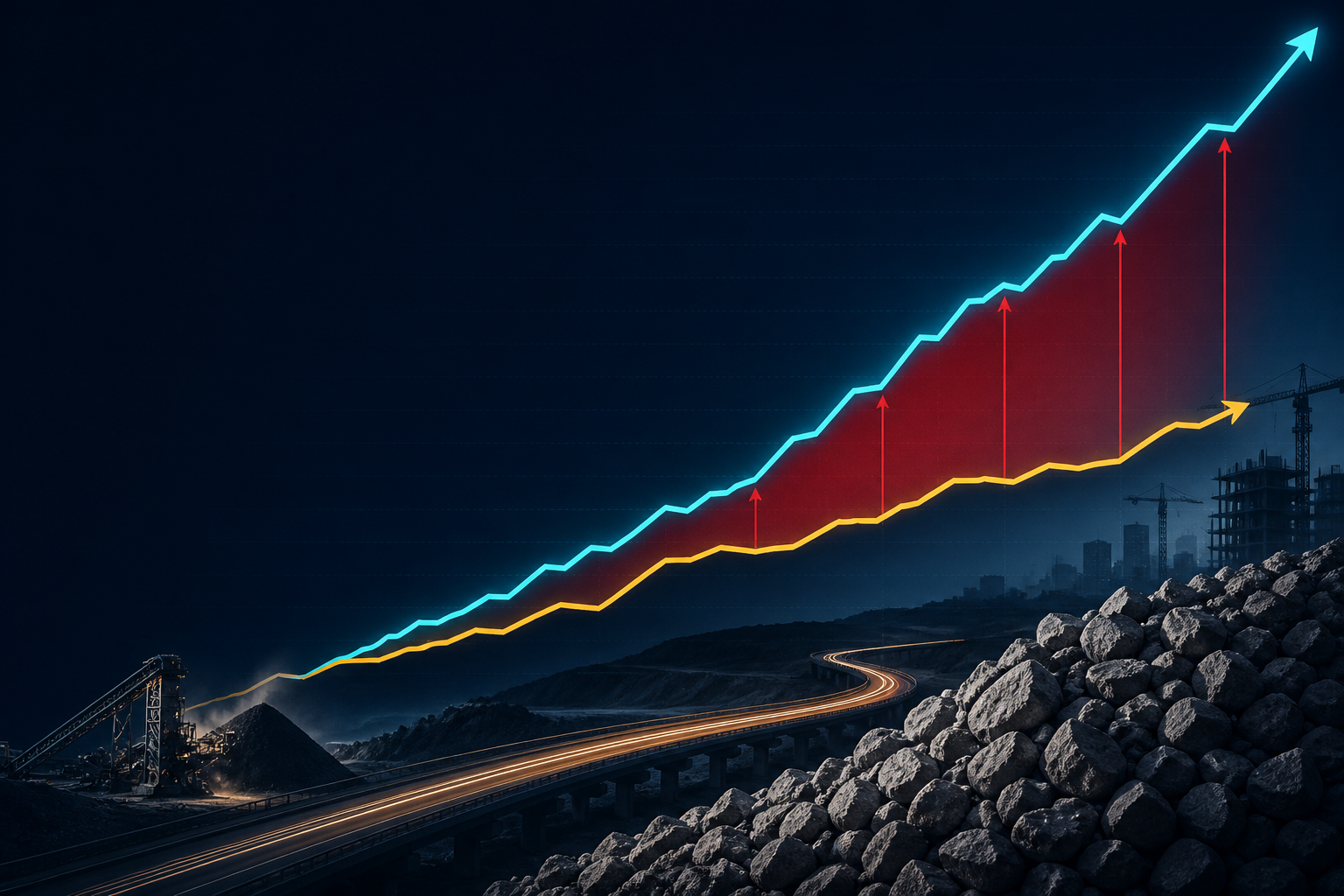 Dark navy cinematic data-viz of amber crushed-stone tonnage lagging a cyan real construction put-in-place index with a red intensity wedge