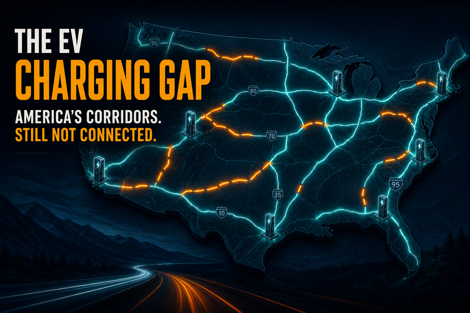 Dark navy US corridor map with amber unfinished EV charging gaps interrupting teal completed interstate arcs