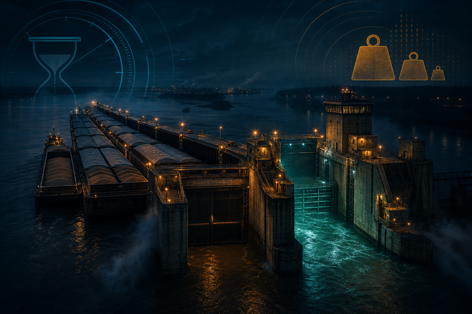 Dark navy cinematic Mississippi lock at night with amber barge tows queued behind a closed chamber and teal auxiliary lights, Visual Capitalist-style inland-waterways editorial