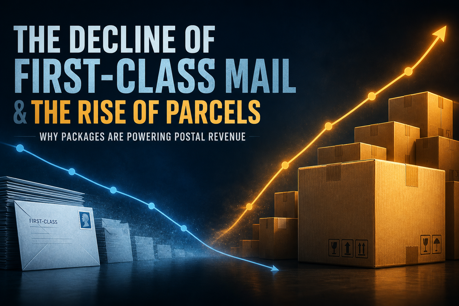 Dark navy cinematic split of fading blue letters versus growing amber packages with dual trend lines, Visual Capitalist-style data editorial