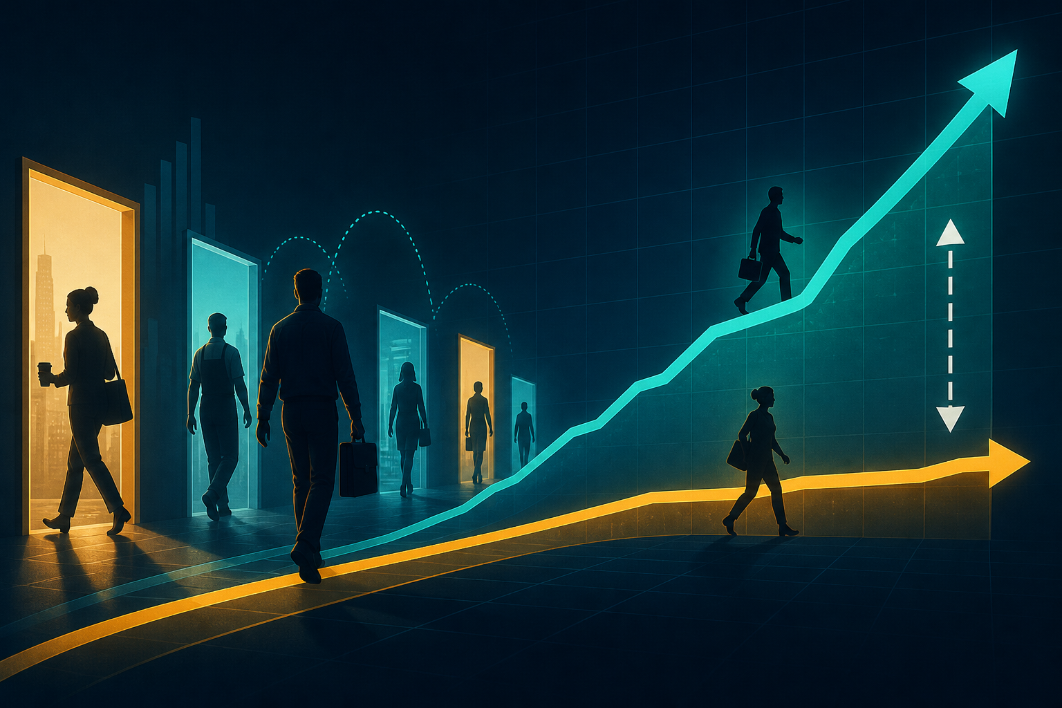 Dark navy cinematic labor-market illustration of teal switcher and amber stayer wage ribbons compressing into a thin premium gap between glowing job doorways