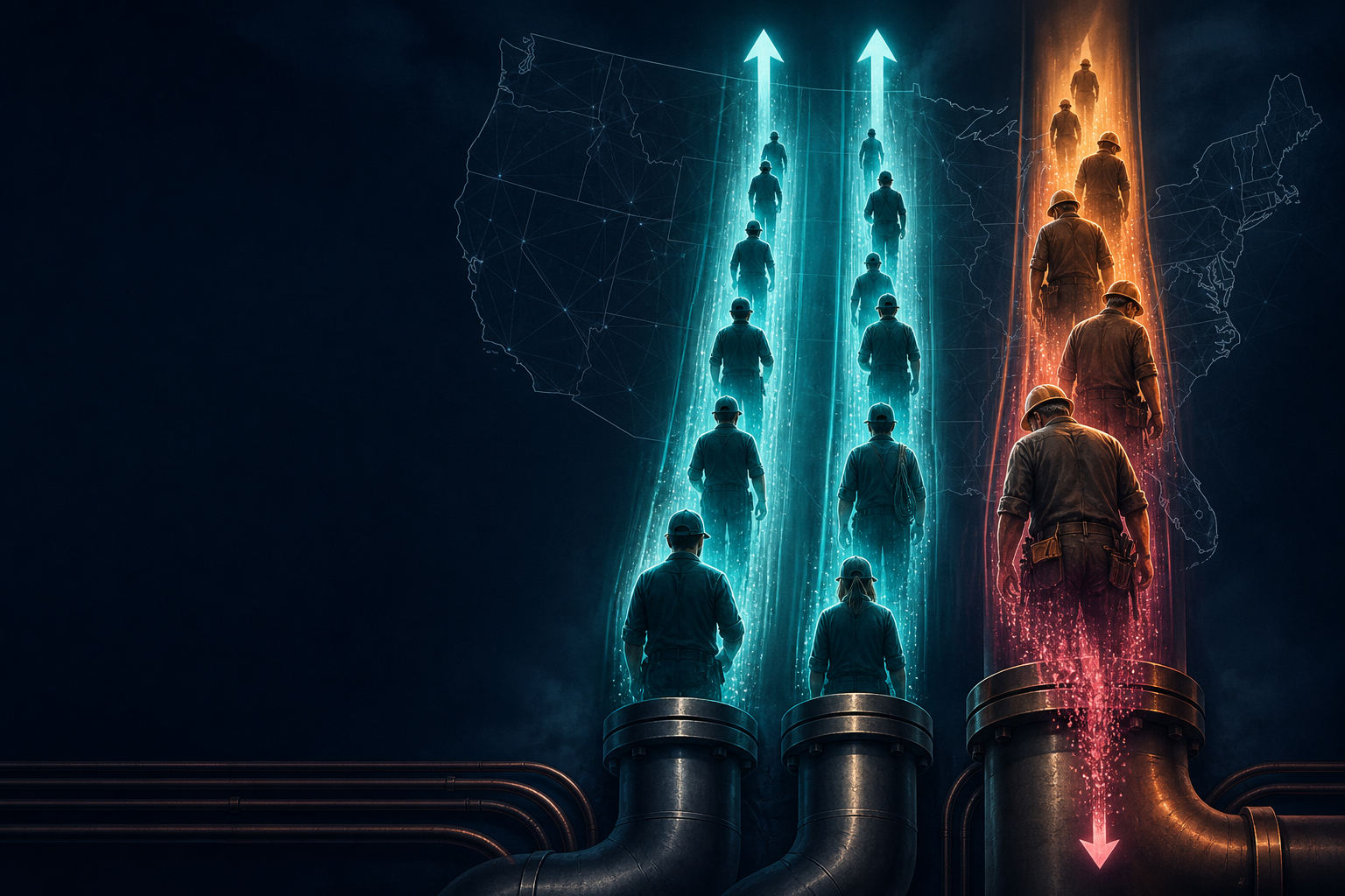 Dark navy cinematic data-viz of teal apprentice pipelines rising beside descending amber-rose retirement streams over a faint US state mesh