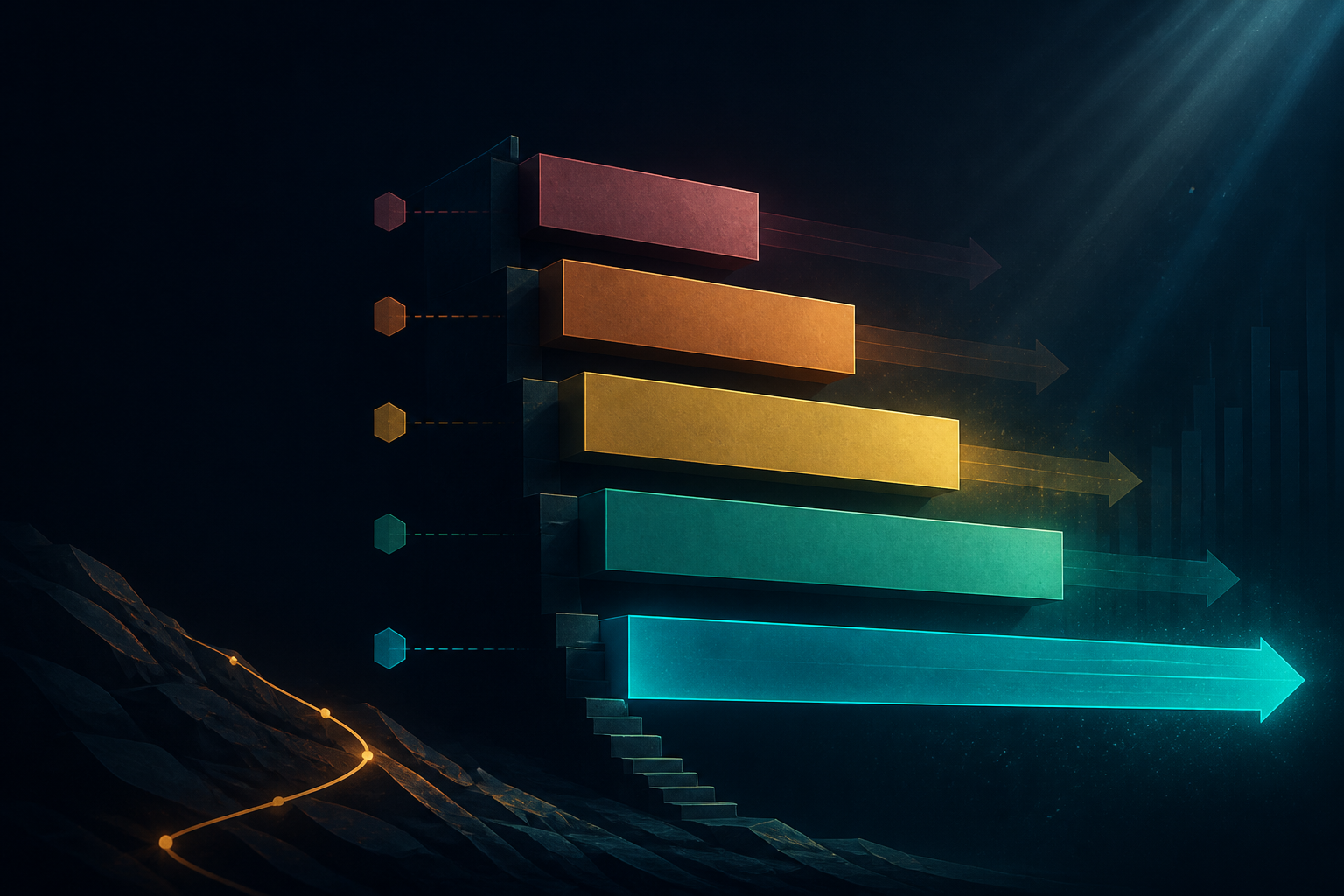Dark navy cinematic illustration of five ascending wage-quintile bars, the bottom rung glowing teal with stronger real growth, Visual Capitalist-style data editorial