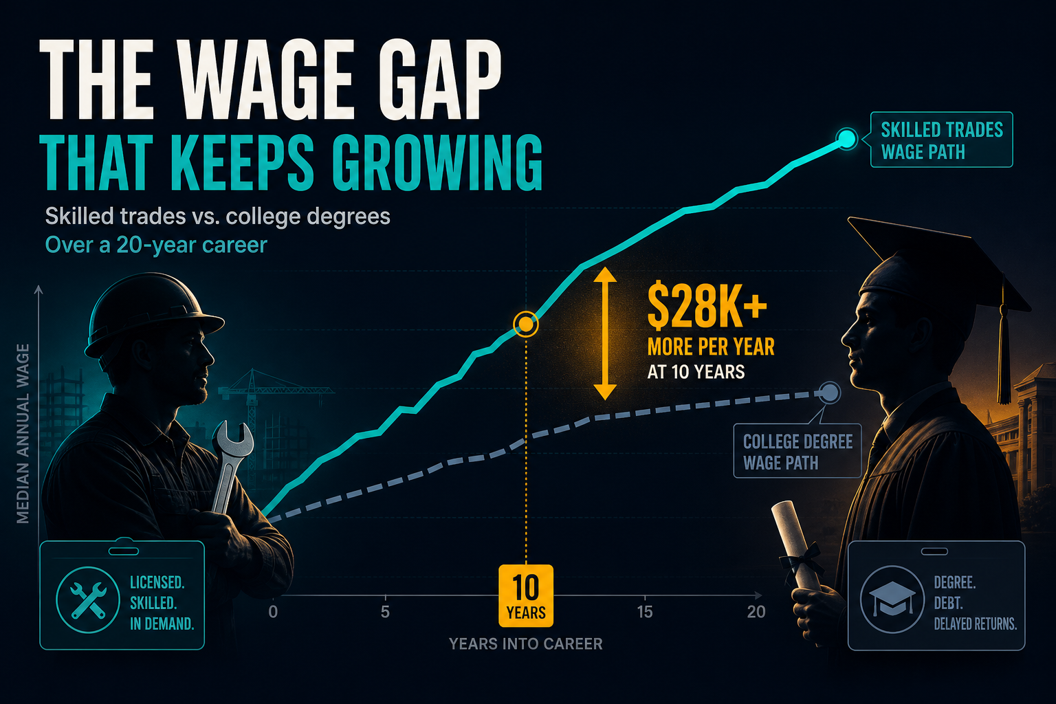 Dark navy cinematic illustration comparing a trades worker and a graduate with crossing wage-path lines at a ten-year marker, Visual Capitalist-style data editorial