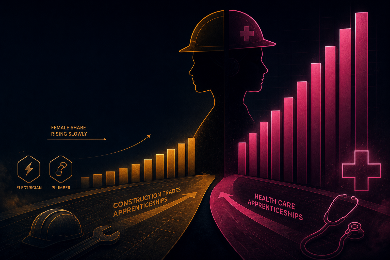 Dark navy cinematic data-viz hero with amber construction trade bars beside magenta health-apprenticeship bars and geometric hard-hat and wrench motifs