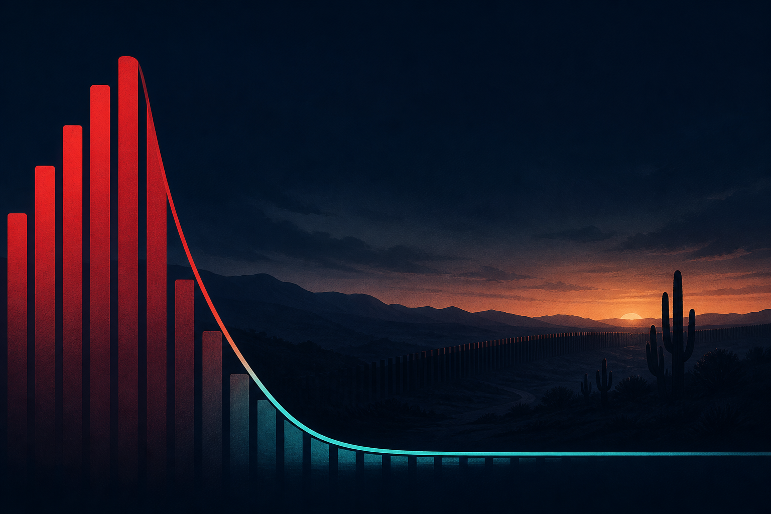 Dark navy cinematic border-horizon graphic with a tall crimson peak bar falling to a thin teal floor line, Visual Capitalist-style editorial thumbnail for southwest land-border encounter peaks