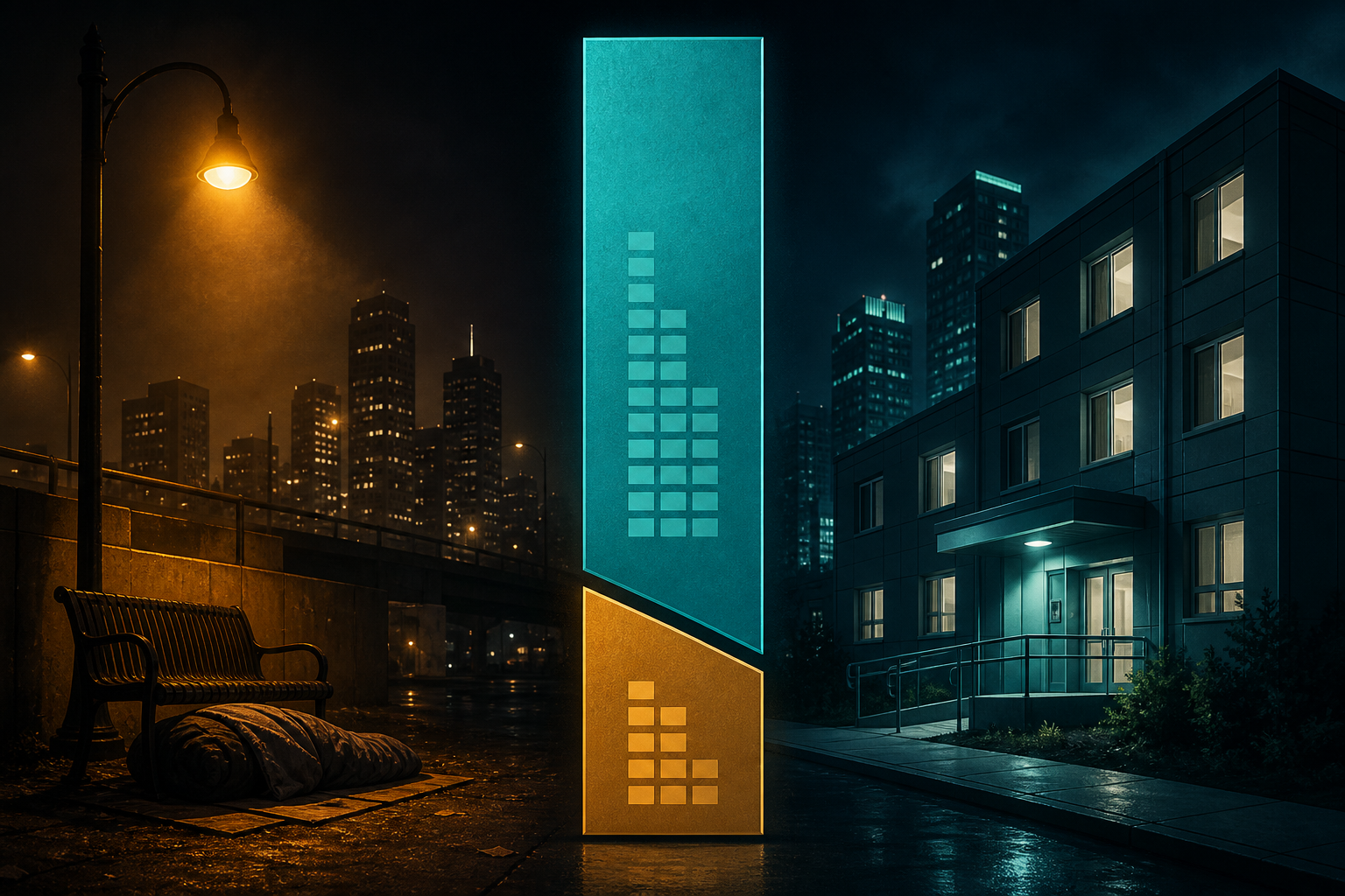 Dark navy cinematic split scene with teal shelter facade and amber street-bench glow flanking a stacked teal-over-amber ribbon, Visual Capitalist-style thumbnail for sheltered versus unsheltered PIT counts