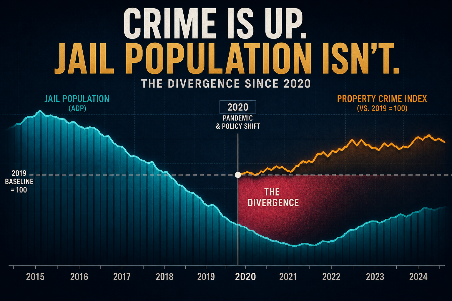 Dark navy editorial graphic with a teal jail ADP area falling after 2019 beside an amber property-crime index line closer to a dashed baseline
