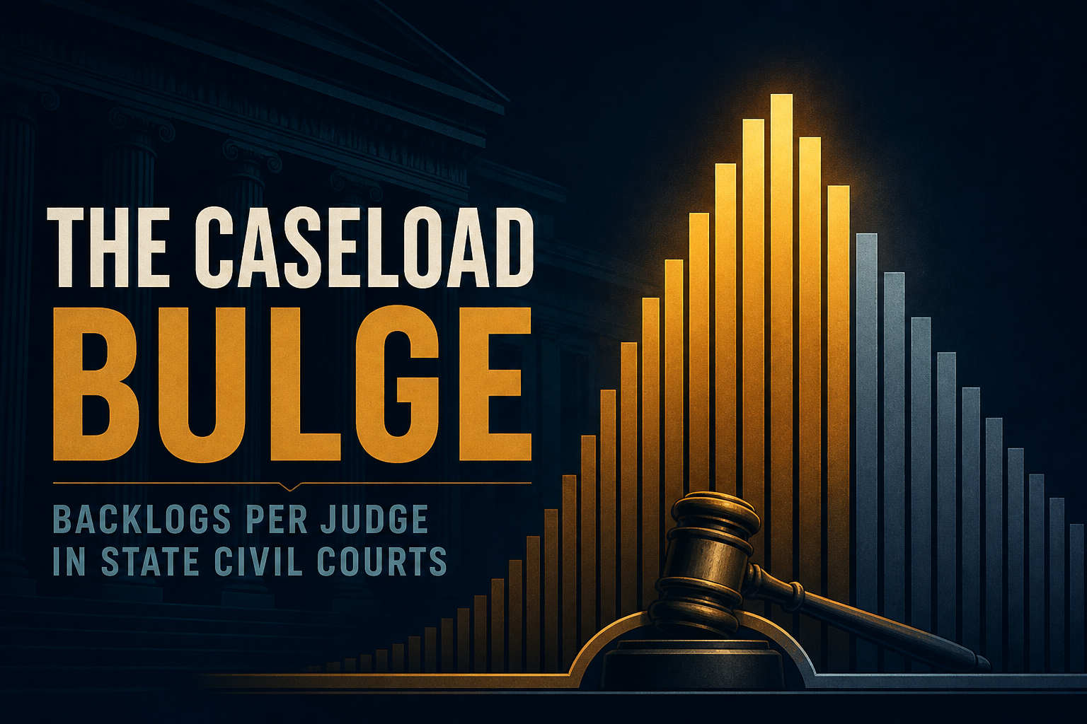 Dark navy cinematic courtroom silhouette with amber-to-slate caseload bulge bars, Visual Capitalist-style data editorial