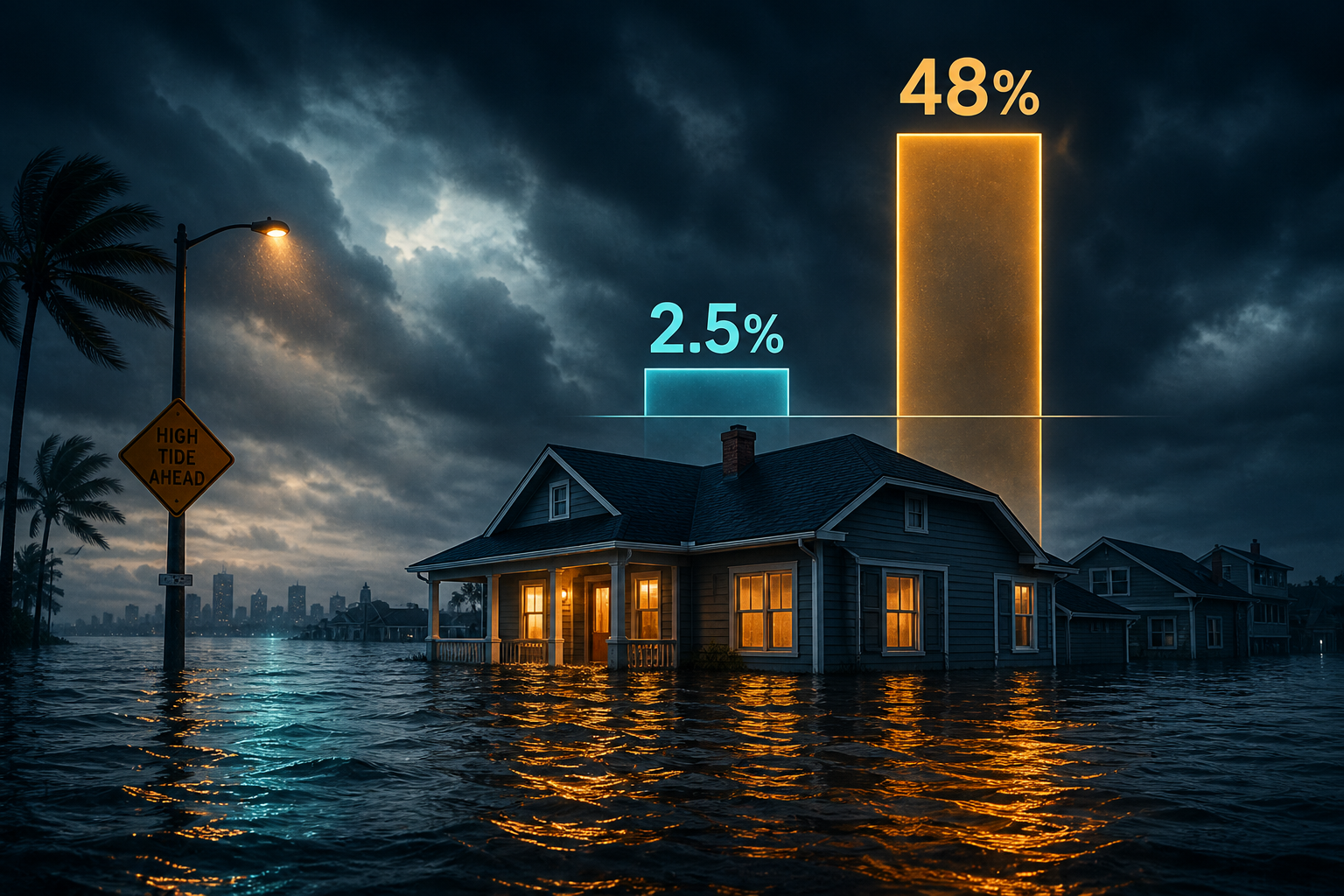 Dark navy cinematic flooded street and house with amber and teal abstract bars comparing a thin policy share to a tall claim-dollar share, Visual Capitalist-style editorial