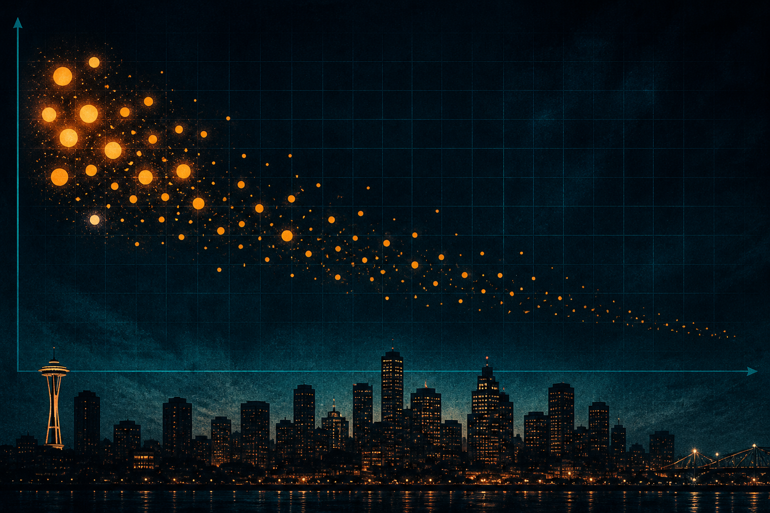 Dark navy cinematic skyline with glowing scatter points mapping Point-in-Time homelessness counts against rental vacancy tightness