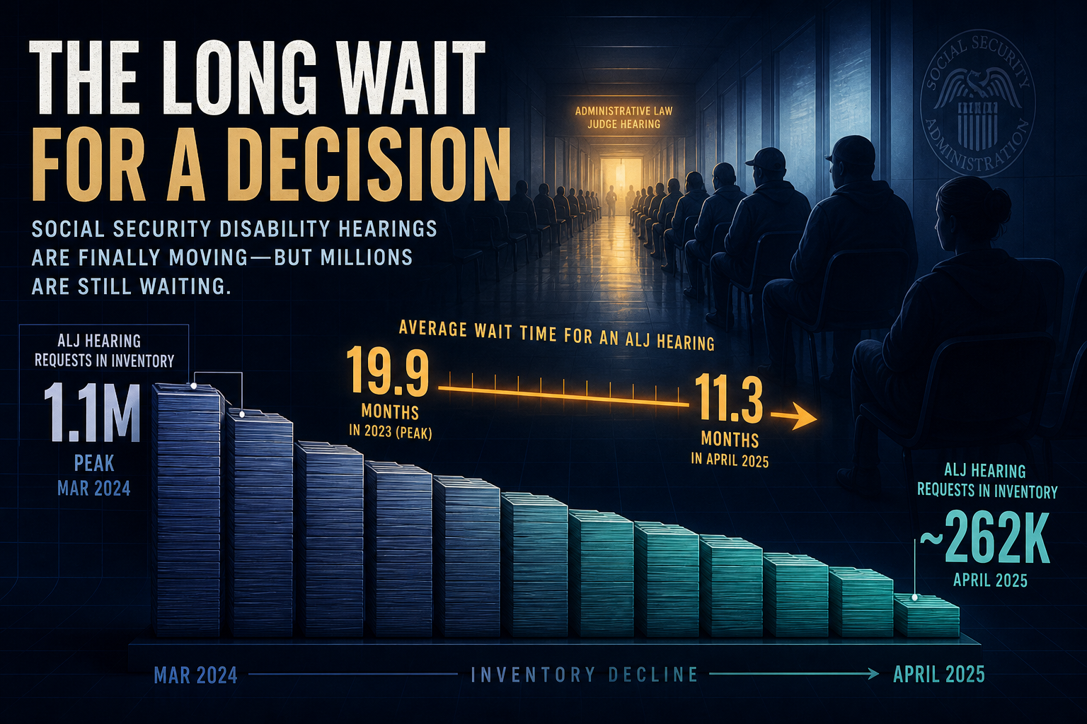 Dark navy cinematic corridor of waiting claimants with amber wait-month markers and descending teal pending-case bars, Visual Capitalist-style editorial