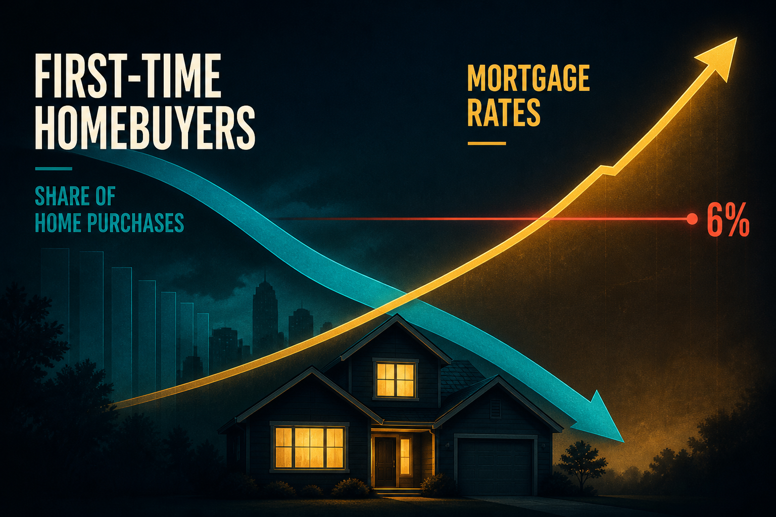 Dark navy cinematic hero with a house silhouette, ascending amber mortgage-rate curve crossing a 6% line, and a descending teal first-time buyer share ribbon