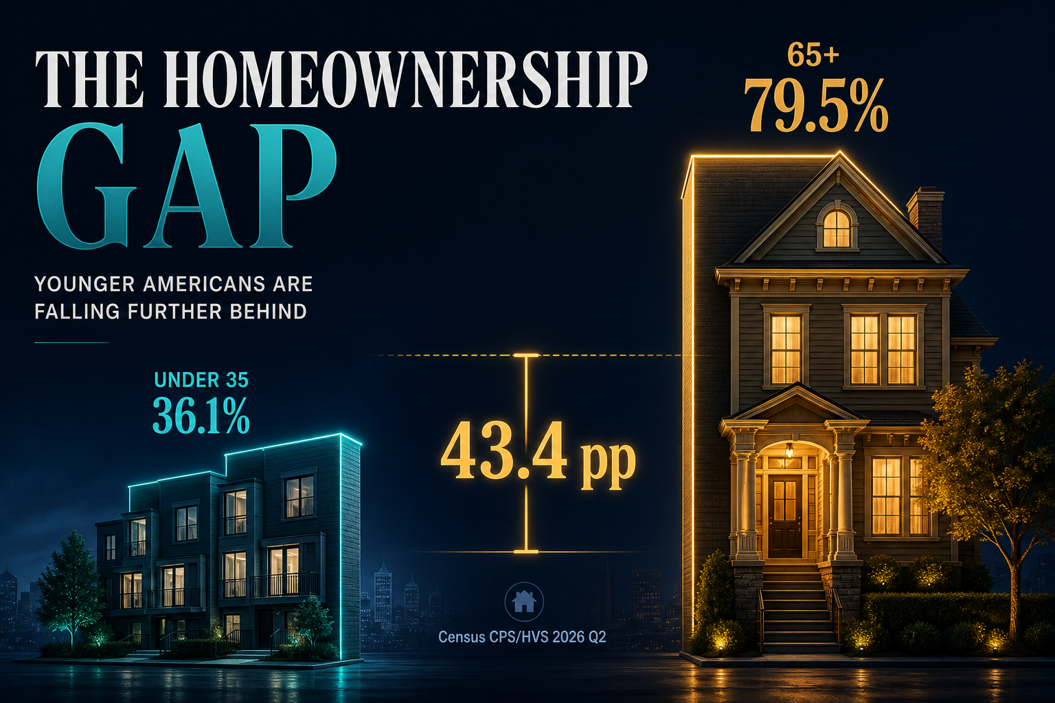 Dark navy cinematic graphic contrasting a low teal under-35 housing silhouette with a taller amber 65+ house and a bold 43.4 pp ownership gap callout