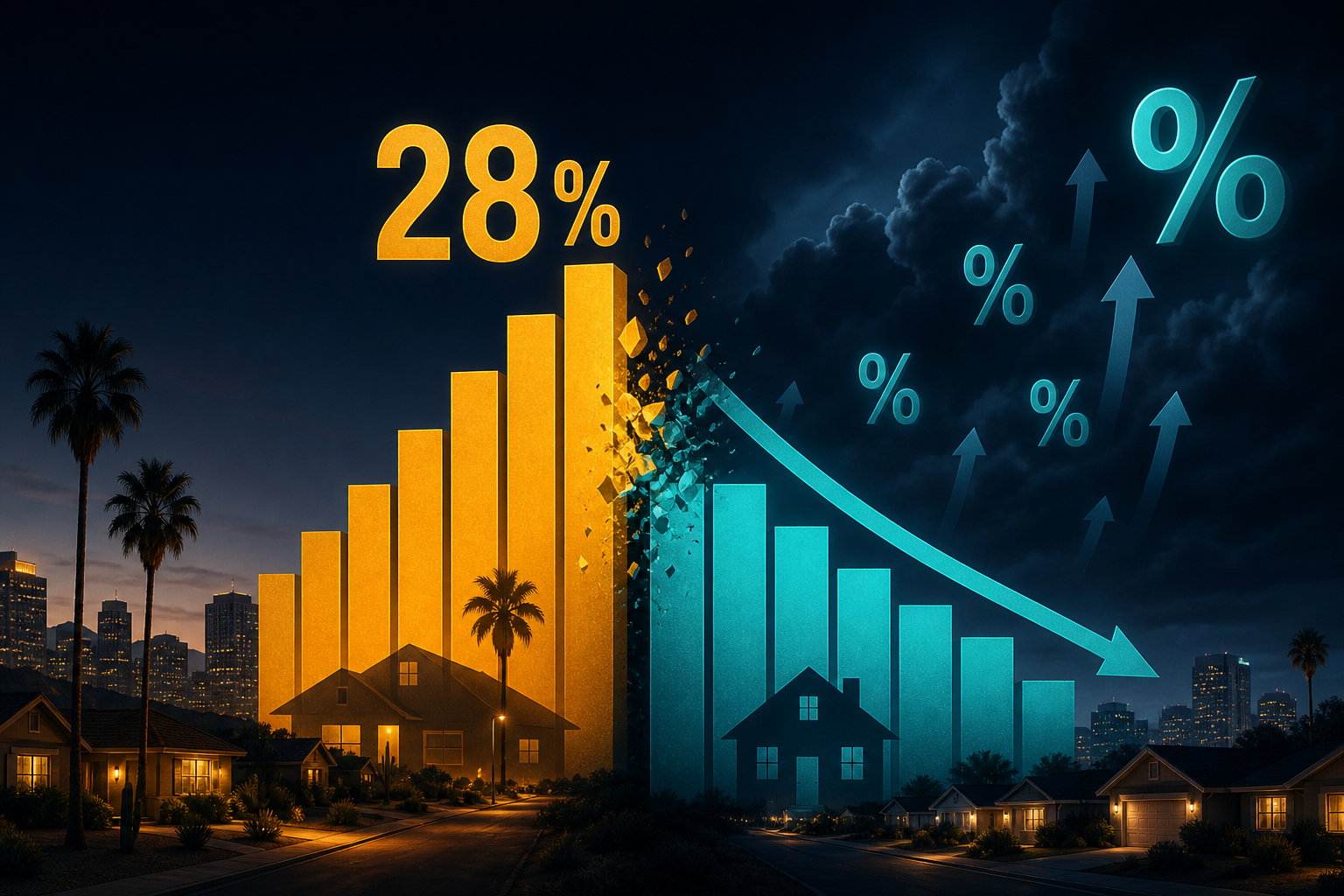 Dark navy cinematic illustration of amber investor purchase-share bars competing with teal first-time buyer bars over a Sun Belt suburban skyline, Visual Capitalist-style data editorial