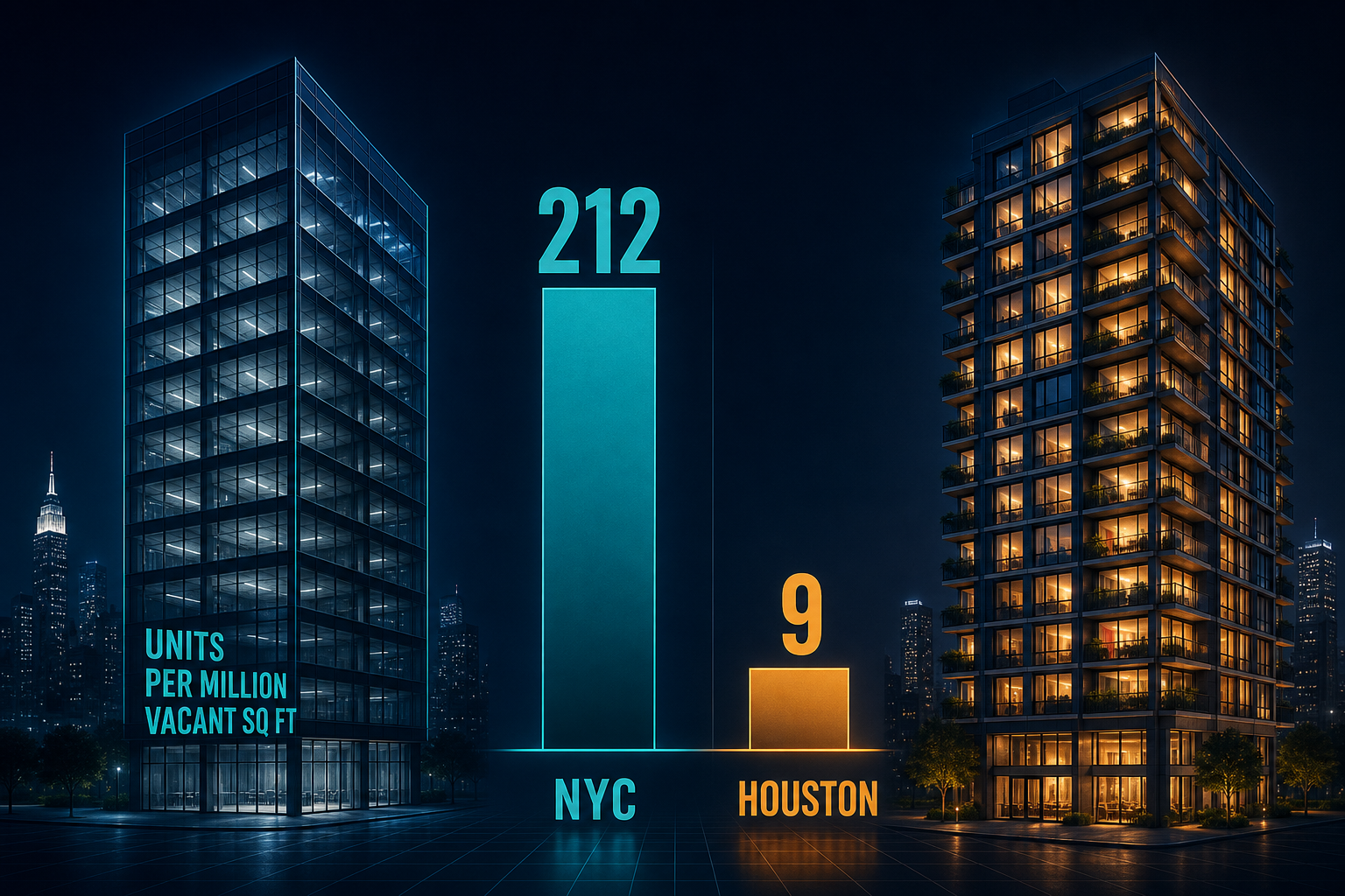 Dark navy cinematic split of an empty glass office tower versus the same tower converting to warm-lit apartments, with bold NYC 212 vs Houston 9 intensity labels