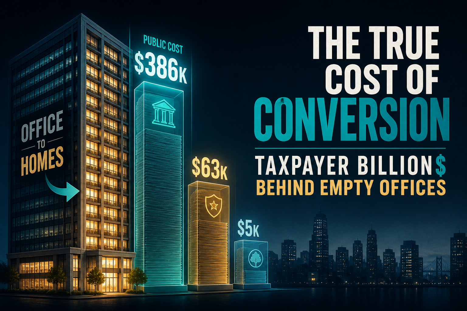 Dark navy cinematic hero of a converted office tower beside glowing public-cost ledger bars labeled $386k, $63k, and $5k in Visual Capitalist editorial style