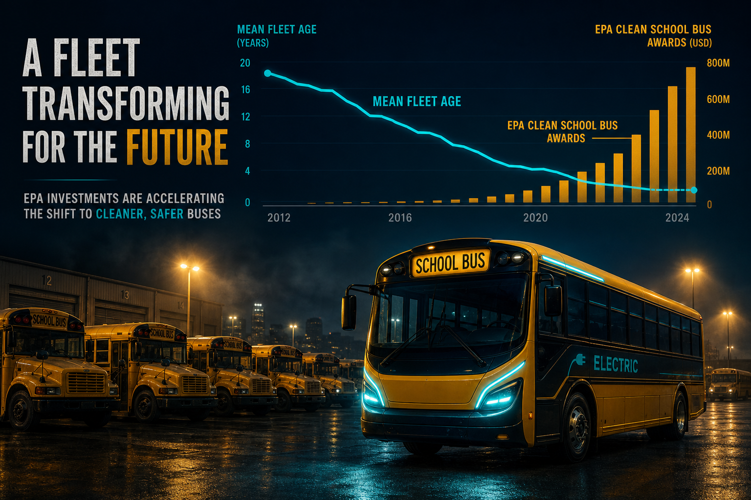 Dark navy cinematic school-bus depot at night with aging yellow diesel buses behind a teal-lit electric bus and a dual-axis age-versus-awards motif