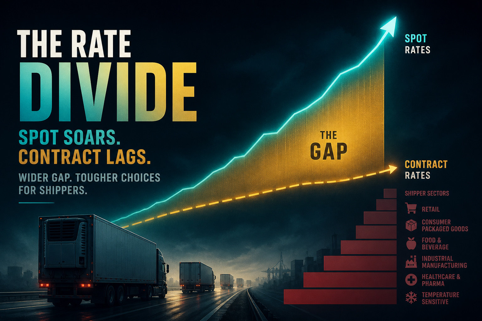 Dark navy cinematic logistics illustration of diverging teal spot and amber contract rate ribbons peaking apart above silhouetted trucks and a crimson sector bid ladder