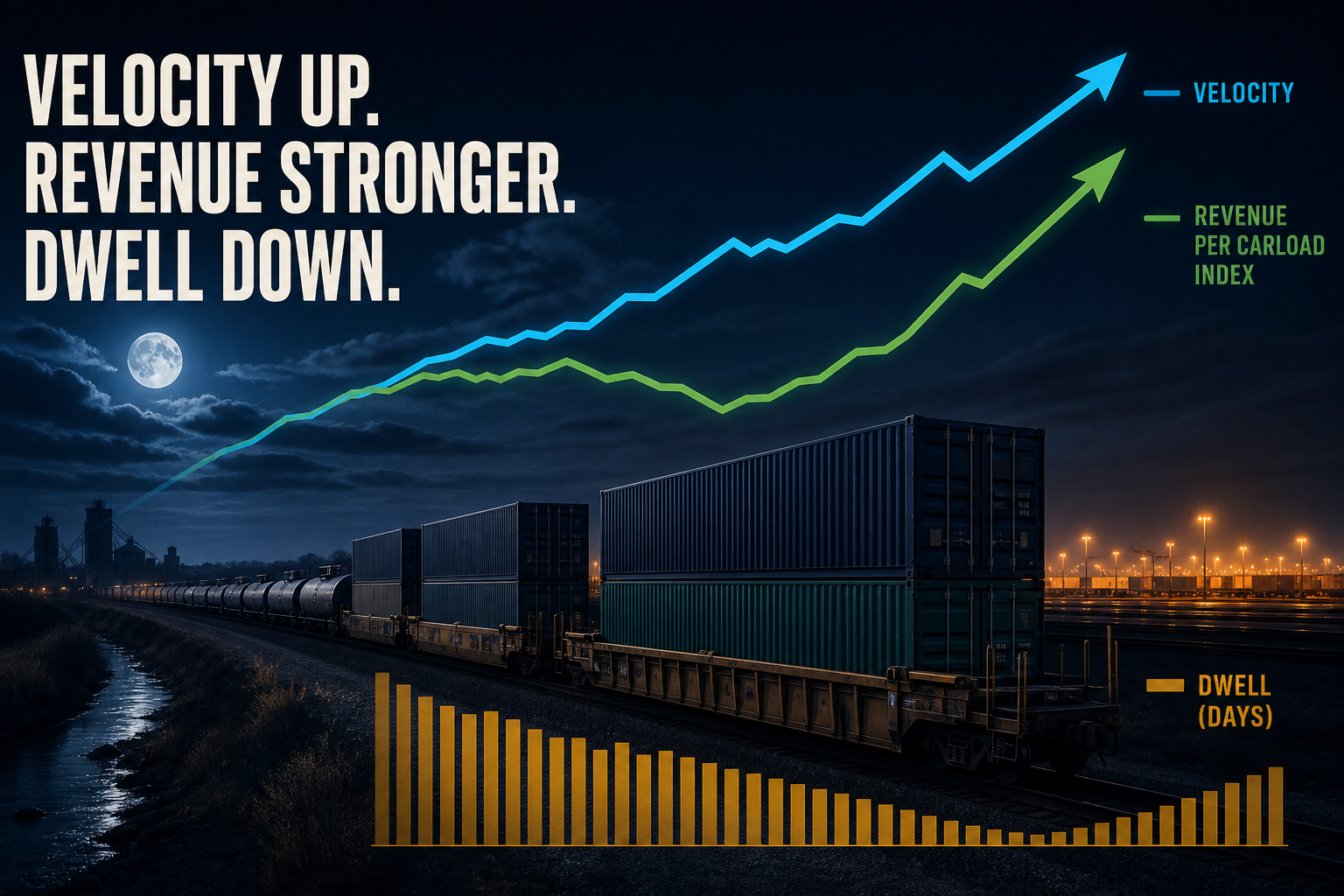 Dark navy cinematic freight corridor with cyan train-speed line and green revenue-per-carload index diverging over amber terminal-dwell bars