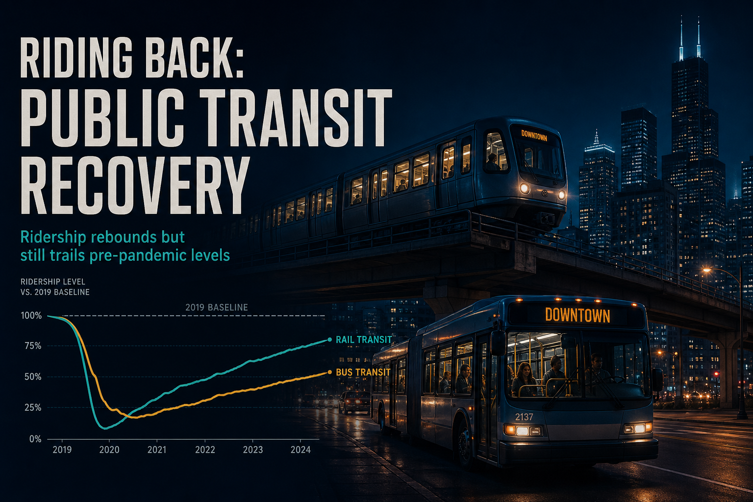 Dark navy cinematic city corridor with illuminated metro train and bus, teal ridership recovery curve accents, Visual Capitalist-style transit editorial thumbnail