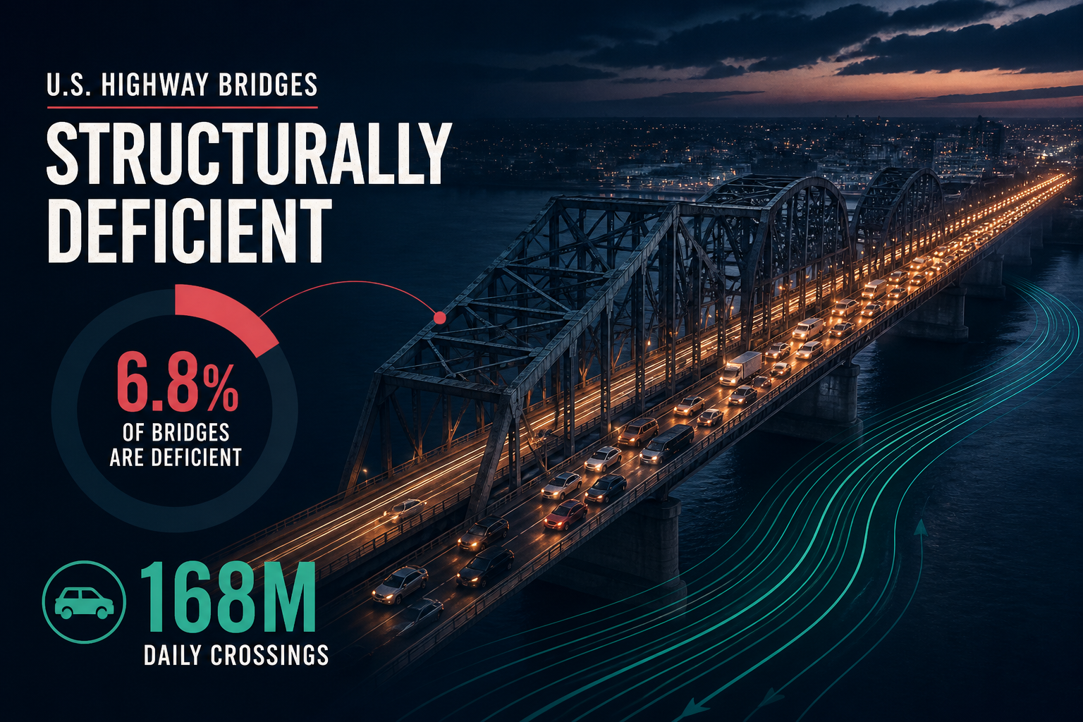 Dark navy cinematic bridge silhouette with rose-highlighted deficient spans and amber traffic light streams crossing the deck, Visual Capitalist-style editorial thumbnail