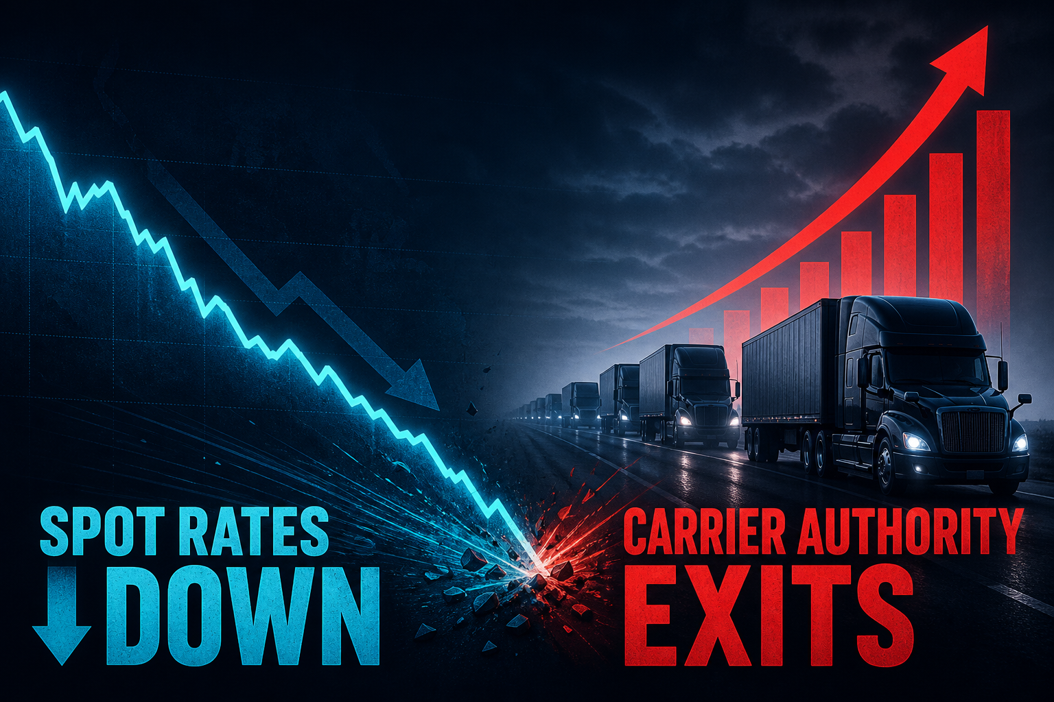 Dark navy cinematic highway with a cyan descending spot-rate line colliding with rising crimson carrier-exit bars beside a semi-truck convoy silhouette